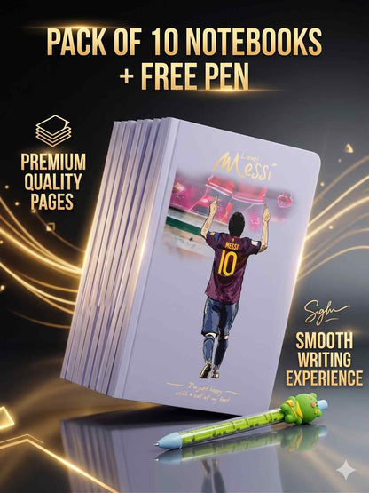 Lionel Messi A5 Notebook Set of 10 – Premium Soft Cover Diaries for Boys, Girls, Kids & Office Use | 100 Pages Each | Football Theme Notebooks with Cartoon Pen (COD NOT AVAILABLE)