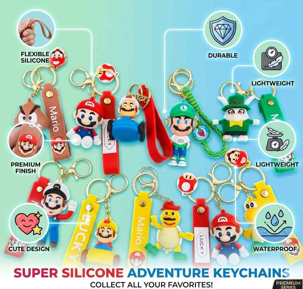 Silicone Cartoon Character Silicon Keychains - Featuring Mario, Luigi, Goomba, and Koopa - Durable Rubber Keyring for Bags & Car Keys - Cute Anime Accessories - Perfect Birthday Return Gifts (Set of 10 )