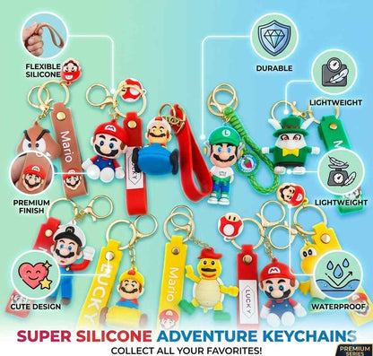 Silicone Cartoon Character Silicon Keychains - Featuring Mario, Luigi, Goomba, and Koopa - Durable Rubber Keyring for Bags & Car Keys - Cute Anime Accessories - Perfect Birthday Return Gifts (Set of 10 )