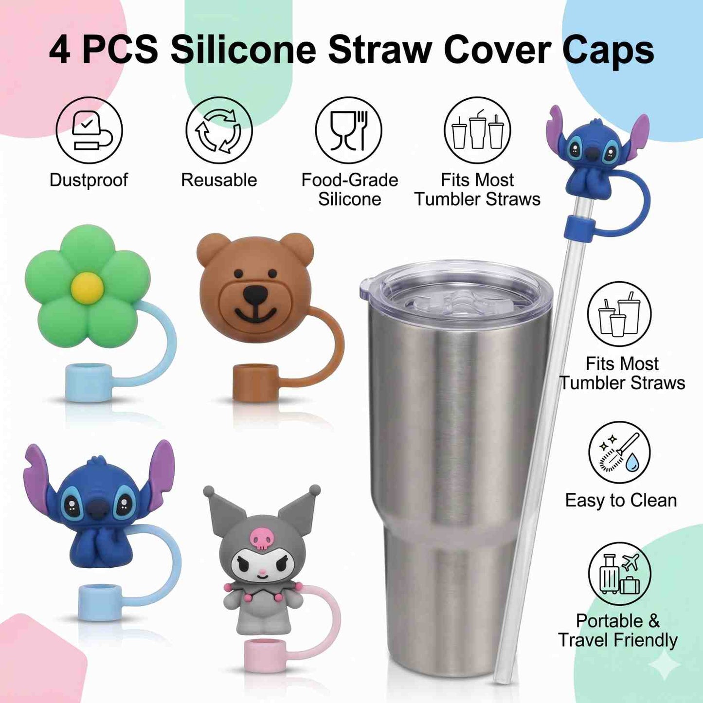 Silicone Straw Cover Caps Set of 4 for Tumblers | Cute Random Character Straw Toppers