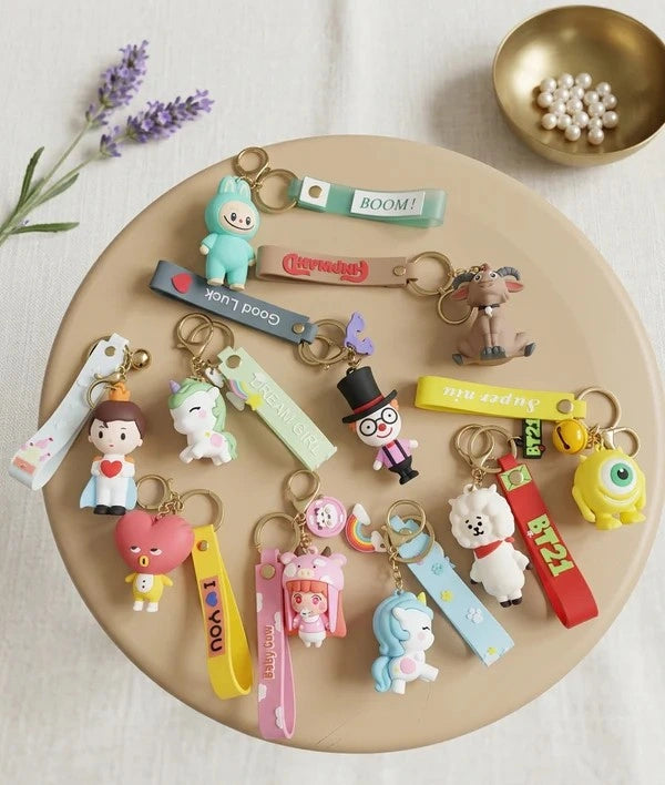 Cute Cartoon Silicone Keychain Key Rings with Strap | Unicorn, Bunny, Doll, Animal & Cute Character Key Holder for Keys, Bags, Backpack Accessories for Kids & Girls Set of 10