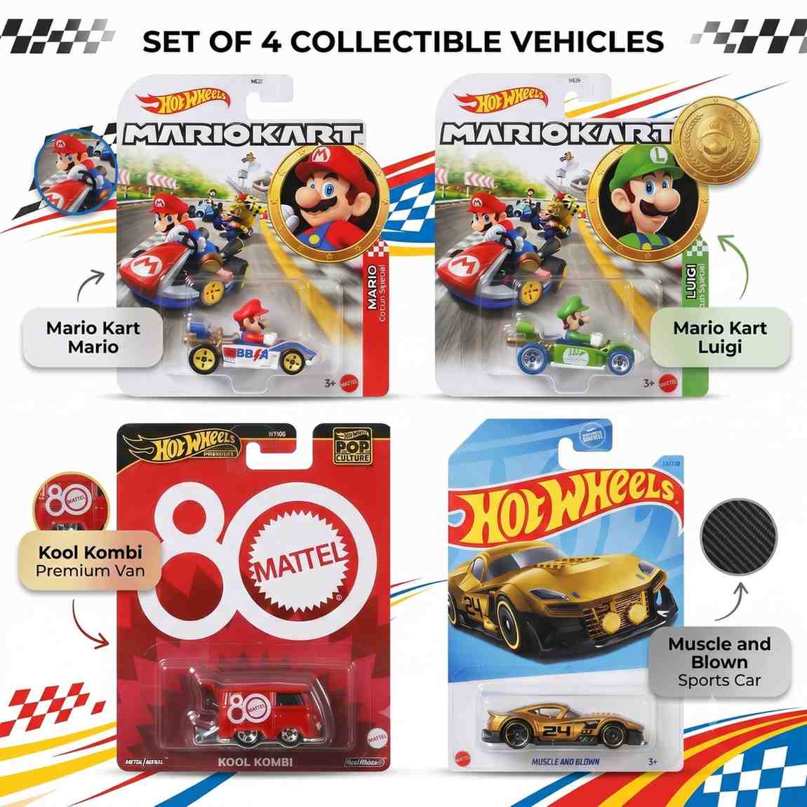 Hot Wheels 4-Pack Collectible Die-Cast Cars Set | Mario Kart Mario & Luigi, Kool Kombi Mattel 80th Anniversary, Muscle and Blown Toy Vehicles ( Cod Not Available)