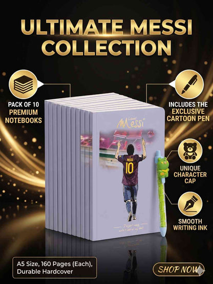 Lionel Messi A5 Notebook Set of 10 – Premium Soft Cover Diaries for Boys, Girls, Kids & Office Use | 100 Pages Each | Football Theme Notebooks with Cartoon Pen (COD NOT AVAILABLE)