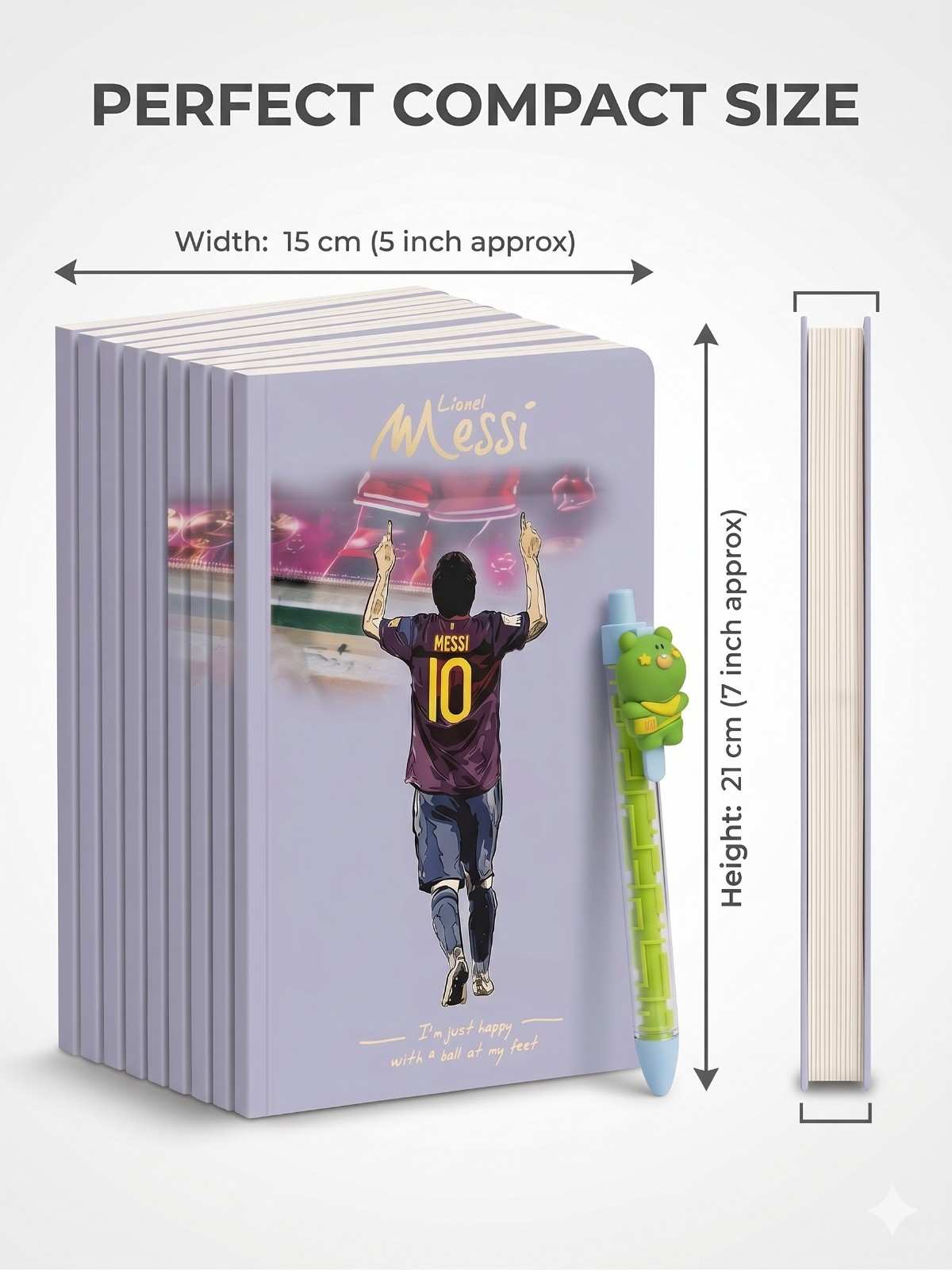 Lionel Messi A5 Notebook Set of 10 – Premium Soft Cover Diaries for Boys, Girls, Kids & Office Use | 100 Pages Each | Football Theme Notebooks with Cartoon Pen (COD NOT AVAILABLE)