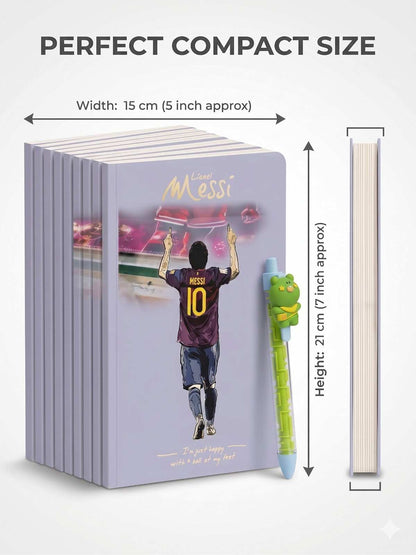 Lionel Messi A5 Notebook Set of 10 – Premium Soft Cover Diaries for Boys, Girls, Kids & Office Use | 100 Pages Each | Football Theme Notebooks with Cartoon Pen (COD NOT AVAILABLE)