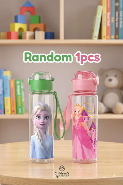 Water Bottle with Straw & Strap – Leak Proof BPA Free Cartoon Princess / Elsa Style Bottle (Random 1 PCS) for School & Trave