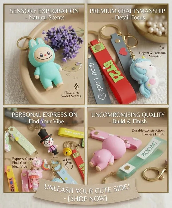 Cute Cartoon Silicone Keychain Key Rings with Strap | Unicorn, Bunny, Doll, Animal & Cute Character Key Holder for Keys, Bags, Backpack Accessories for Kids & Girls Set of 10