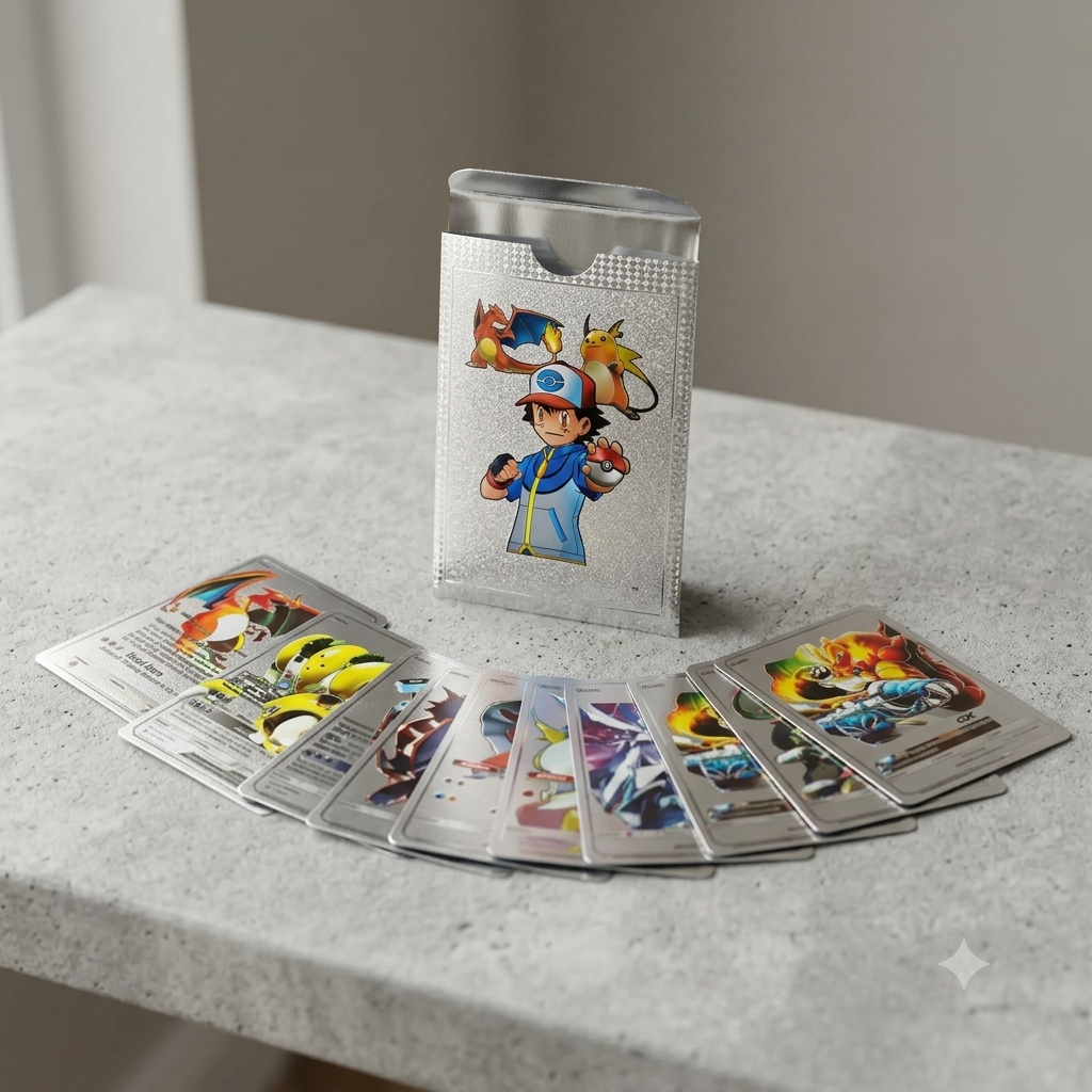 Pokémon Silver Collectible Cards Set – 10 Premium Character Cards with Silver Storage Box