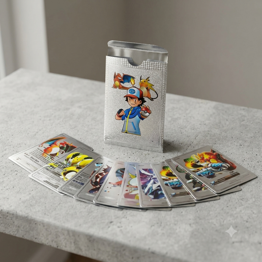 Pokémon Silver Collectible Cards Set – 10 Premium Character Cards with Silver Storage Box