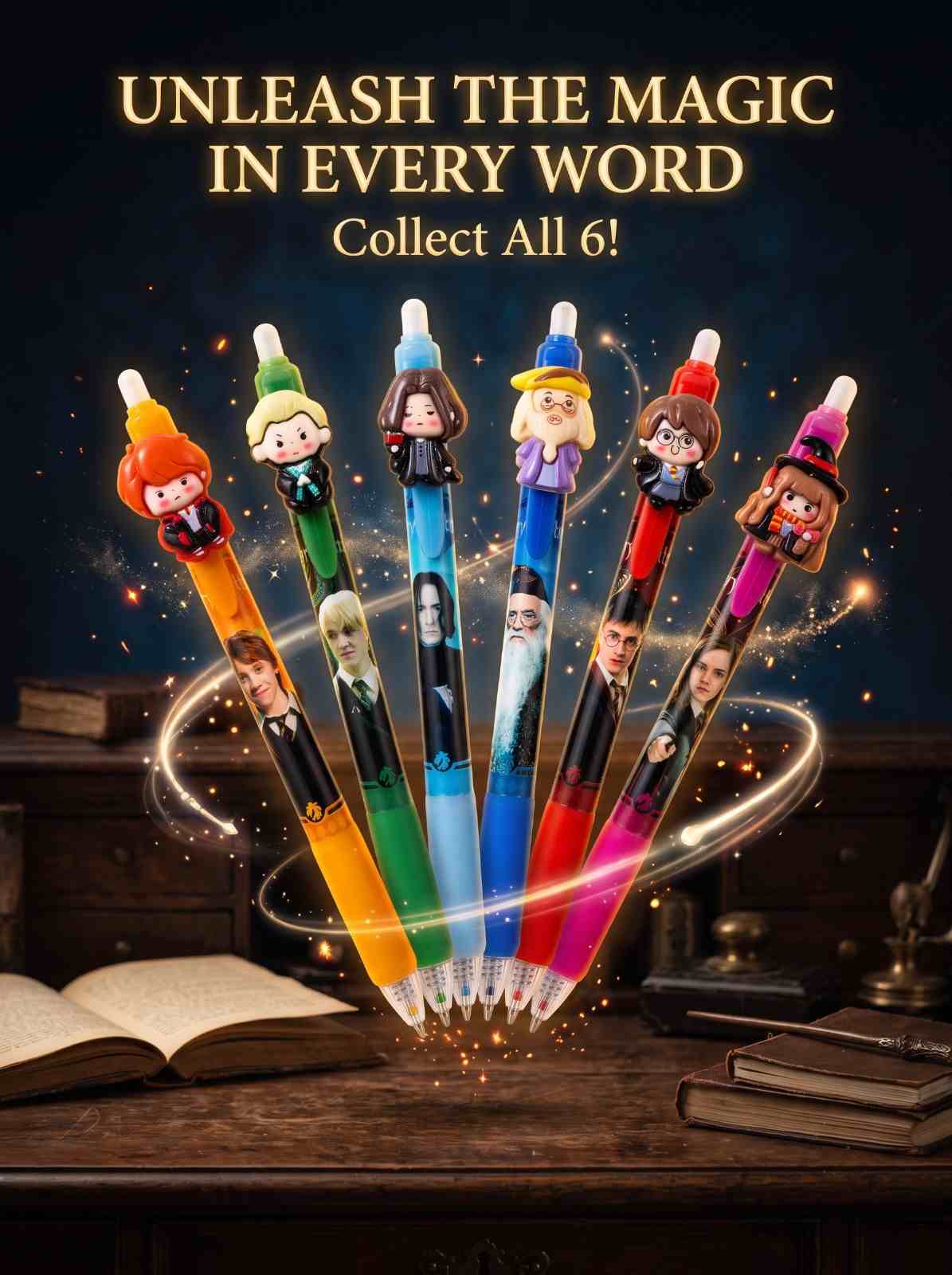 Harry Potter Pen Set of 6 Multicolor Gel Pens with 3D Character Toppers for School College Office and Gifting