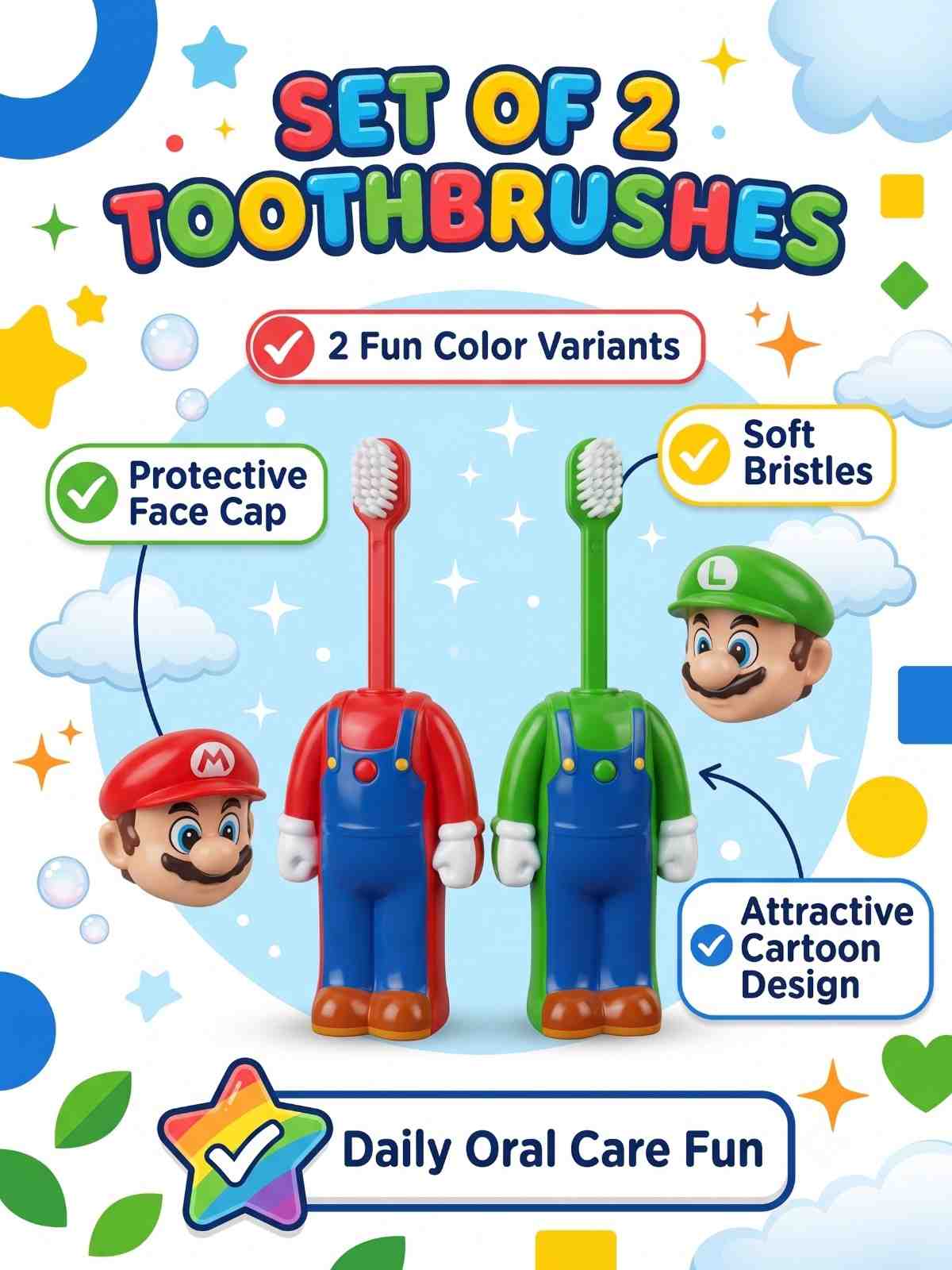 Mario Character Kids Toothbrush Set of 2 | Soft Bristles Cartoon Toothbrush with Protective Cap | Travel Friendly Children's Toothbrush Green & Red