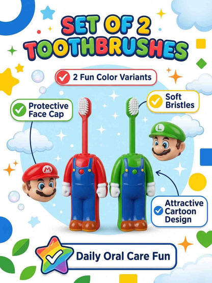 Mario Character Kids Toothbrush Set of 2 | Soft Bristles Cartoon Toothbrush with Protective Cap | Travel Friendly Children's Toothbrush Green & Red