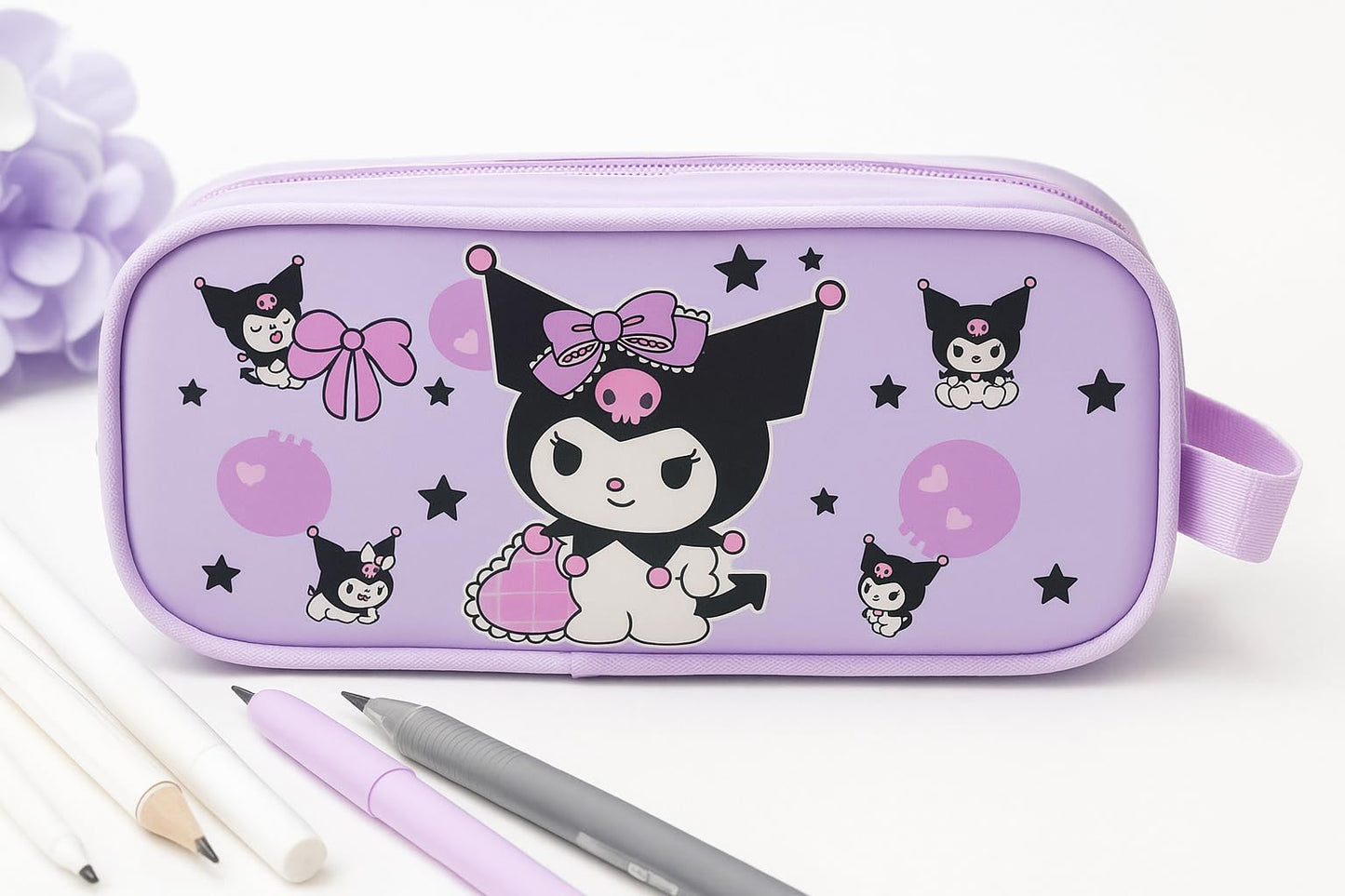 Kuromi Pencil Pouch- Cute Sanrio Anime Stationery Case- Pack of 1, Waterproof Stationery Pouch with Double Zipper for School, Girls & Kids (1 PC- Random Design) Size 22X8 cm