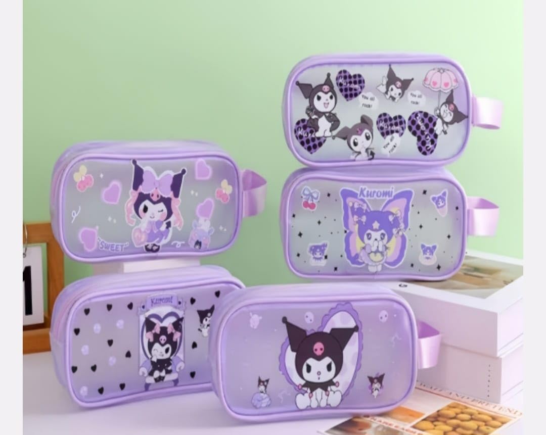 Kuromi Pencil Pouch- Cute Sanrio Anime Stationery Case- Pack of 1, Waterproof Stationery Pouch with Double Zipper for School, Girls & Kids (1 PC- Random Design) Size 22X8 cm