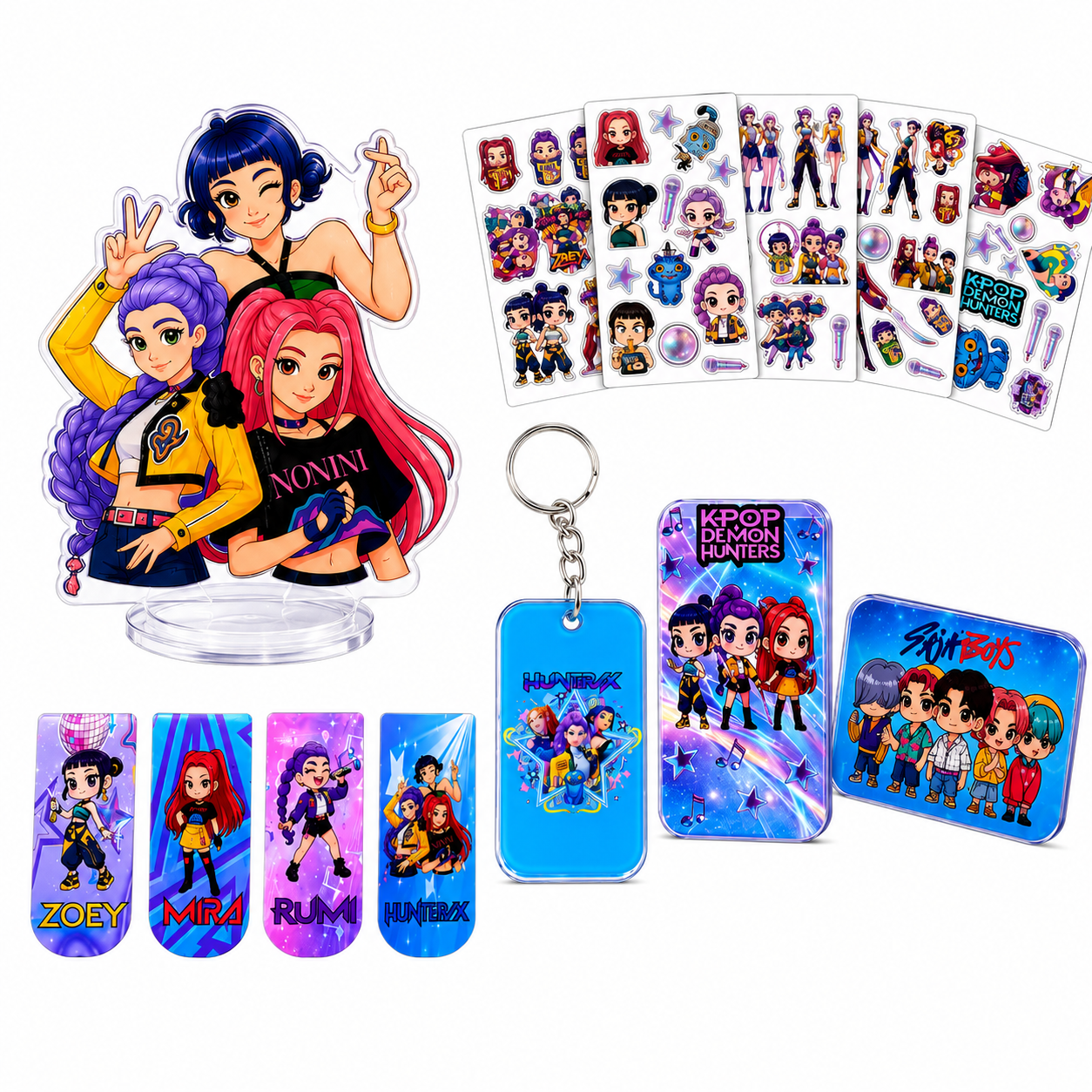 K-Pop Demon Hunters Inspired Ultimate Fan Combo Pack | Acrylic Standee, Magnetic Bookmarks, Keychain, Fridge Magnets & Sticker Sheets