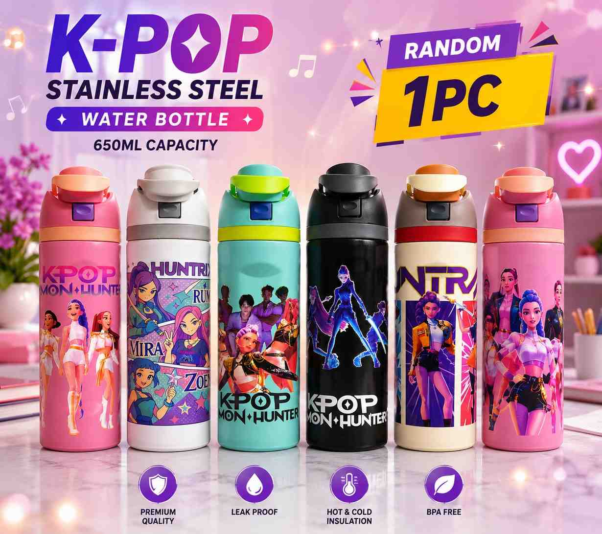 K Pop Demon Hunters Stainless Steel Water Bottle 650ML | Double Wall Vacuum Insulated | Leakproof Flip Lid | BPA Free | Random Design | 1 Pc