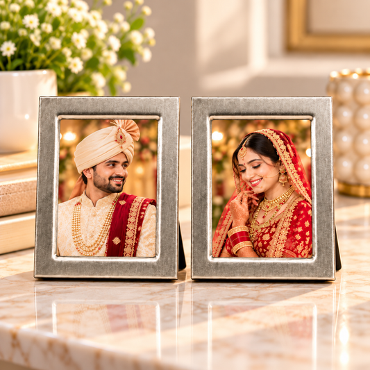 Mini Silver Metal Photo Frame Set of 2 | Rectangular Tabletop Photo Holders | 6.5 × 4.8 × 1 cm