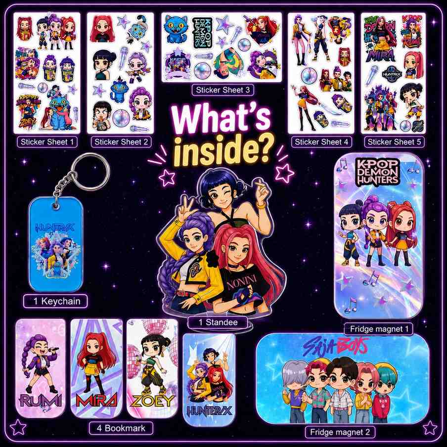 K-Pop Demon Hunters Inspired Ultimate Fan Combo Pack | Acrylic Standee, Magnetic Bookmarks, Keychain, Fridge Magnets & Sticker Sheets