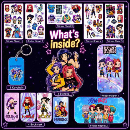 K-Pop Demon Hunters Inspired Ultimate Fan Combo Pack | Acrylic Standee, Magnetic Bookmarks, Keychain, Fridge Magnets & Sticker Sheets