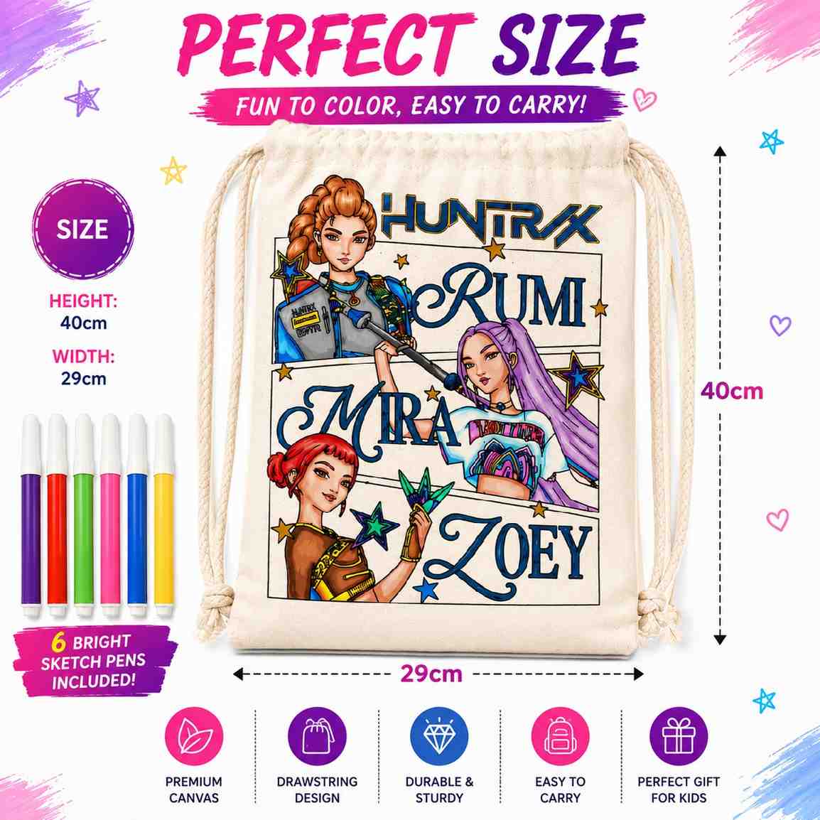 K-Pop Demon Hunters Coloring Dori Bag – DIY Canvas Drawstring Bag with 6 Color Sketch Pens
