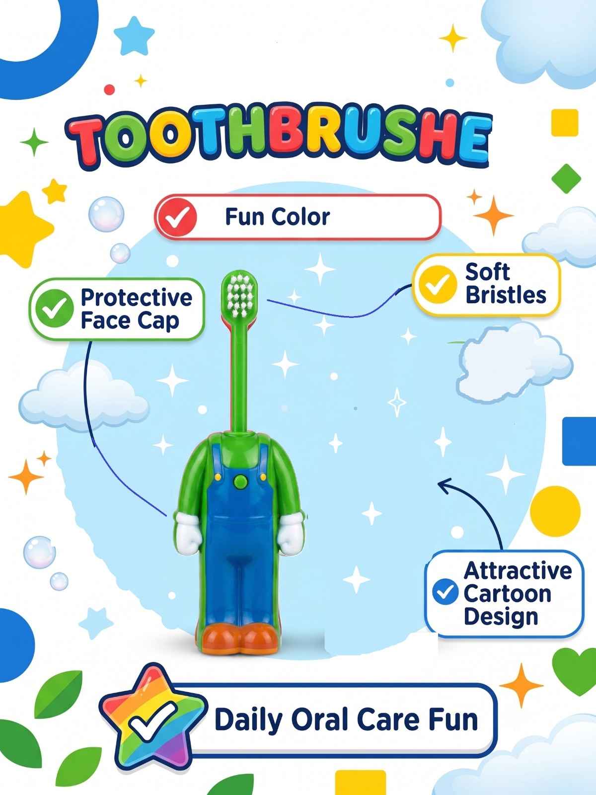 Mario Character Kids Toothbrush with Protective Cap | Soft Bristles Cartoon Travel Toothbrush | Portable Dental Brush for Kids