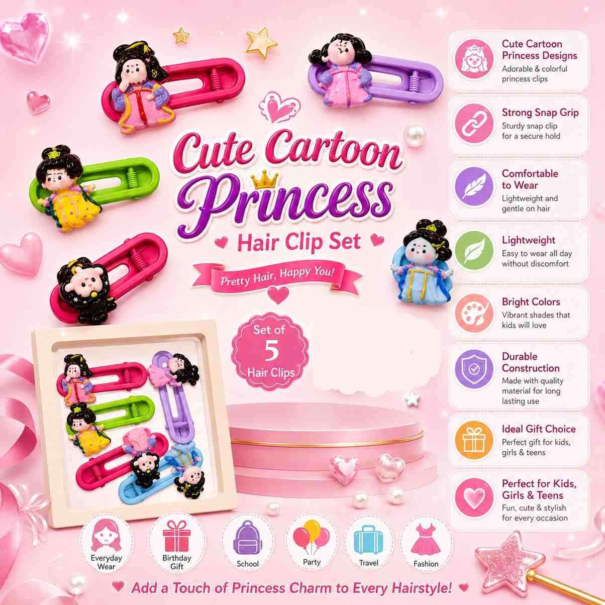 Cartoon Princess Hair Clip Set of 5 for Kids, Girls & Teens | Cute Colorful Snap Hair Clips
