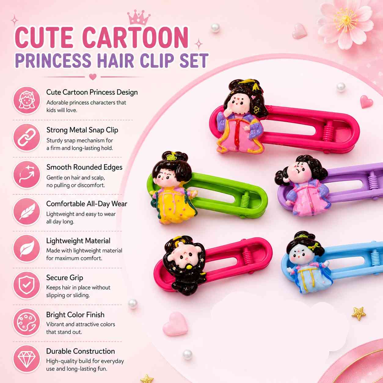 Cartoon Princess Hair Clip Set of 5 for Kids, Girls & Teens | Cute Colorful Snap Hair Clips
