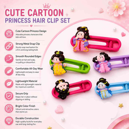 Cartoon Princess Hair Clip Set of 5 for Kids, Girls & Teens | Cute Colorful Snap Hair Clips