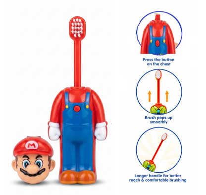 Mario Inspired Kids Toothbrush with Protective Cap | Soft Bristles Cartoon Character Toothbrush for Boys & Girls | Travel Friendly