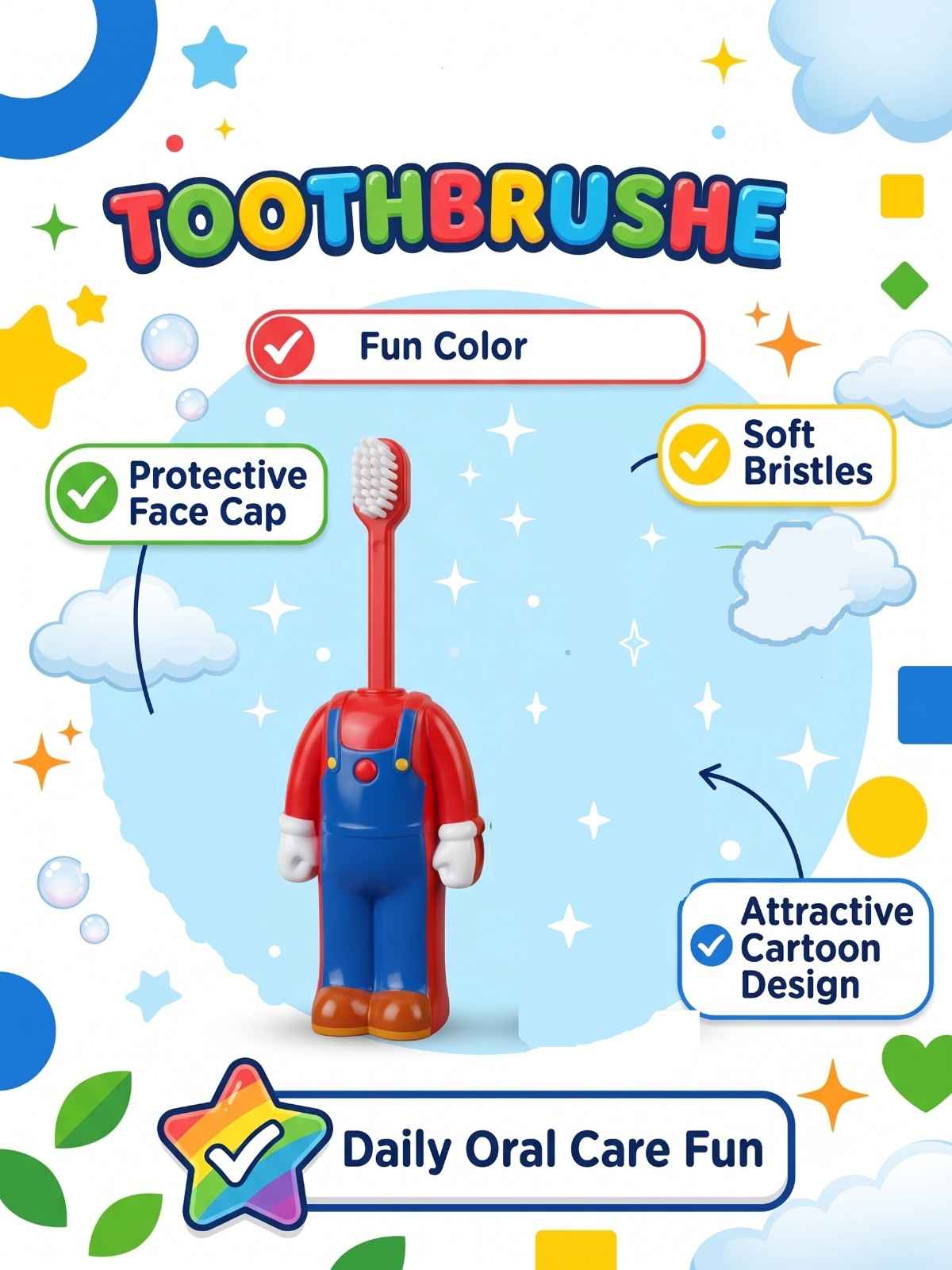 Mario Inspired Kids Toothbrush with Protective Cap | Soft Bristles Cartoon Character Toothbrush for Boys & Girls | Travel Friendly