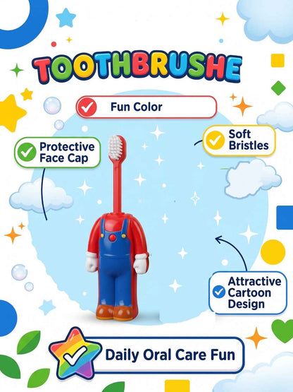 Mario Inspired Kids Toothbrush with Protective Cap | Soft Bristles Cartoon Character Toothbrush for Boys & Girls | Travel Friendly