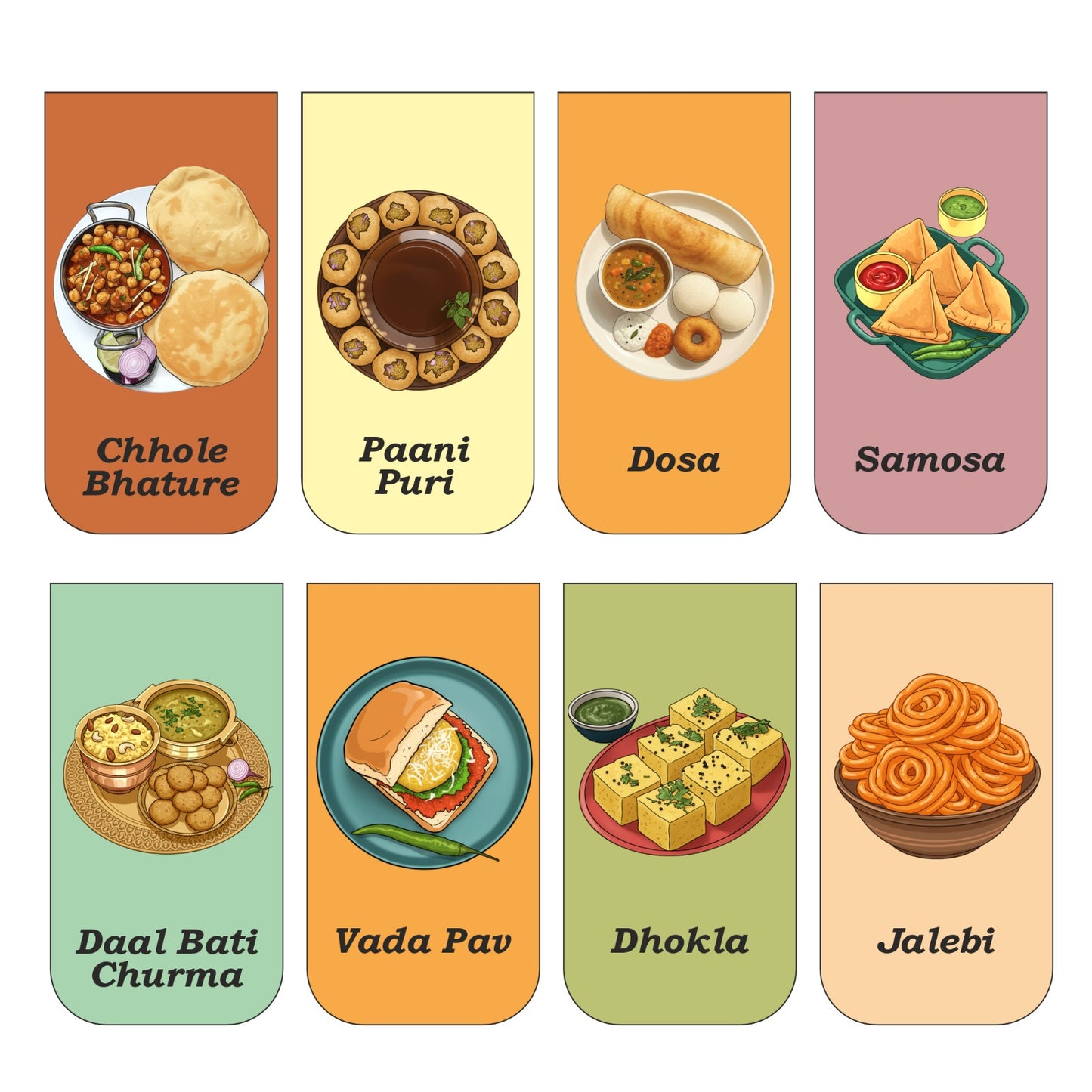 Indian Food Bookmark Set of 10-8 Magnetic Bookmarks + 2 Paper Bookmarks for Book Lovers, (11 x 2.9 cm)