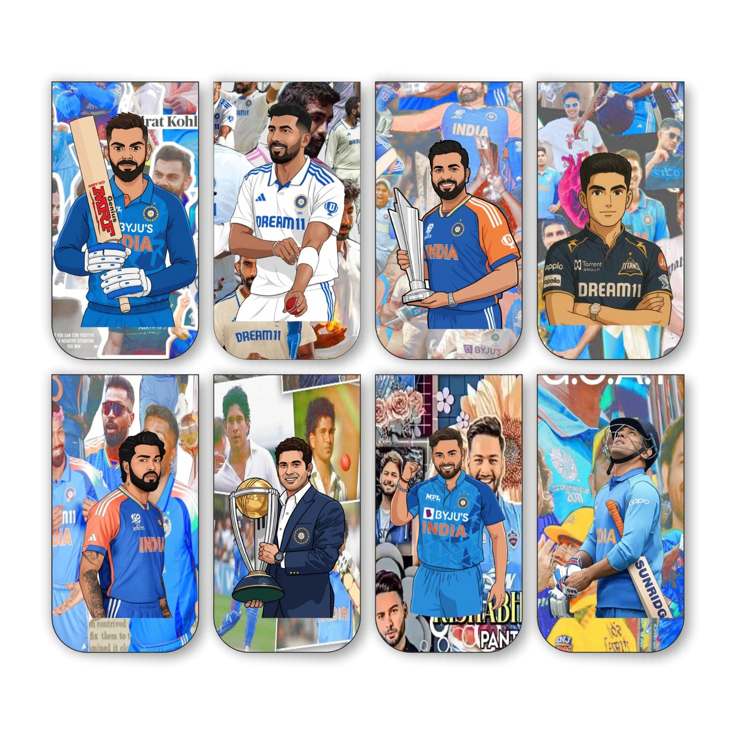 Indian Cricketer Bookmark Set of 10-8 Magnetic Bookmarks + 2 Paper Bookmarks for Book Lovers, (11 x 2.9 cm)