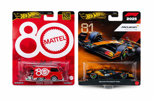 Hot Wheels Premium F1 No.81 McLaren Formula 1 Team 2025 & Kool Kombi Bus – Real Riders Die-Cast Collector Set(2 Pcs)( Cod Not Available)