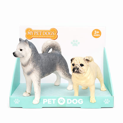 Realistic Dog Figurines Toy Set (Husky & Pug) – Durable Plastic Pet Dog Miniatures for Kids Play & Desk Decoration | Pack of 2