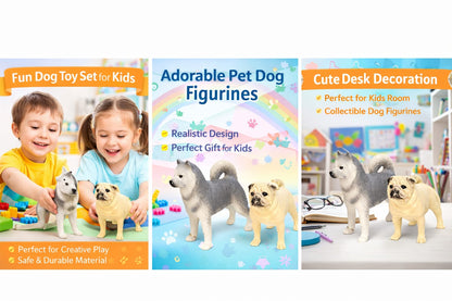 Realistic Dog Figurines Toy Set (Husky & Pug) – Durable Plastic Pet Dog Miniatures for Kids Play & Desk Decoration | Pack of 2