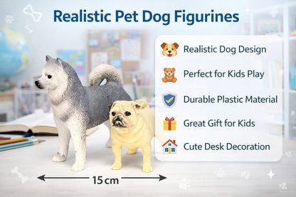 Realistic Dog Figurines Toy Set (Husky & Pug) – Durable Plastic Pet Dog Miniatures for Kids Play & Desk Decoration | Pack of 2