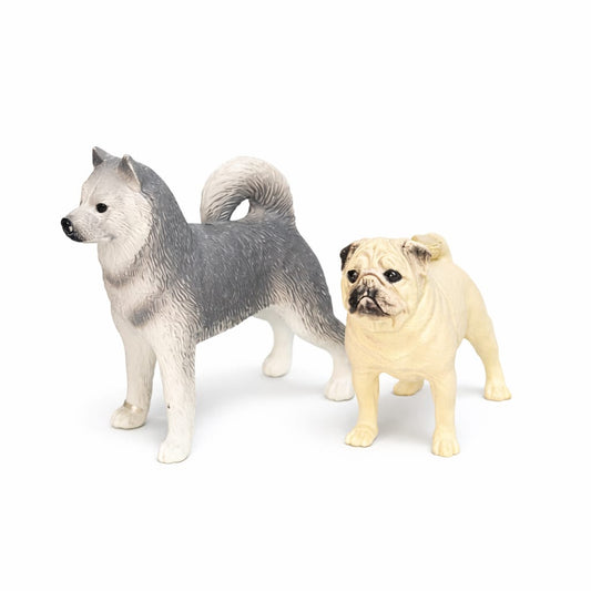 Realistic Dog Figurines Toy Set (Husky & Pug) – Durable Plastic Pet Dog Miniatures for Kids Play & Desk Decoration | Pack of 2