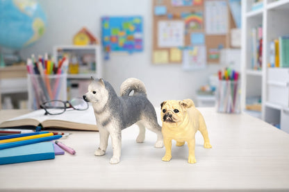 Realistic Dog Figurines Toy Set (Husky & Pug) – Durable Plastic Pet Dog Miniatures for Kids Play & Desk Decoration | Pack of 2