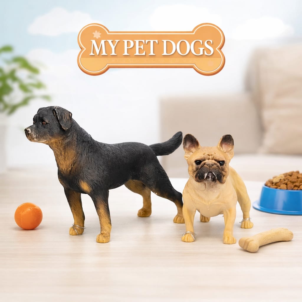 Dog Figure Rottweiler & French Bulldog Toy Set of 2 | Realistic Plastic Dog Statue for Kids Play, Desk Decoration & Gift