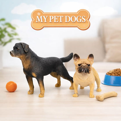 Dog Figure Rottweiler & French Bulldog Toy Set of 2 | Realistic Plastic Dog Statue for Kids Play, Desk Decoration & Gift