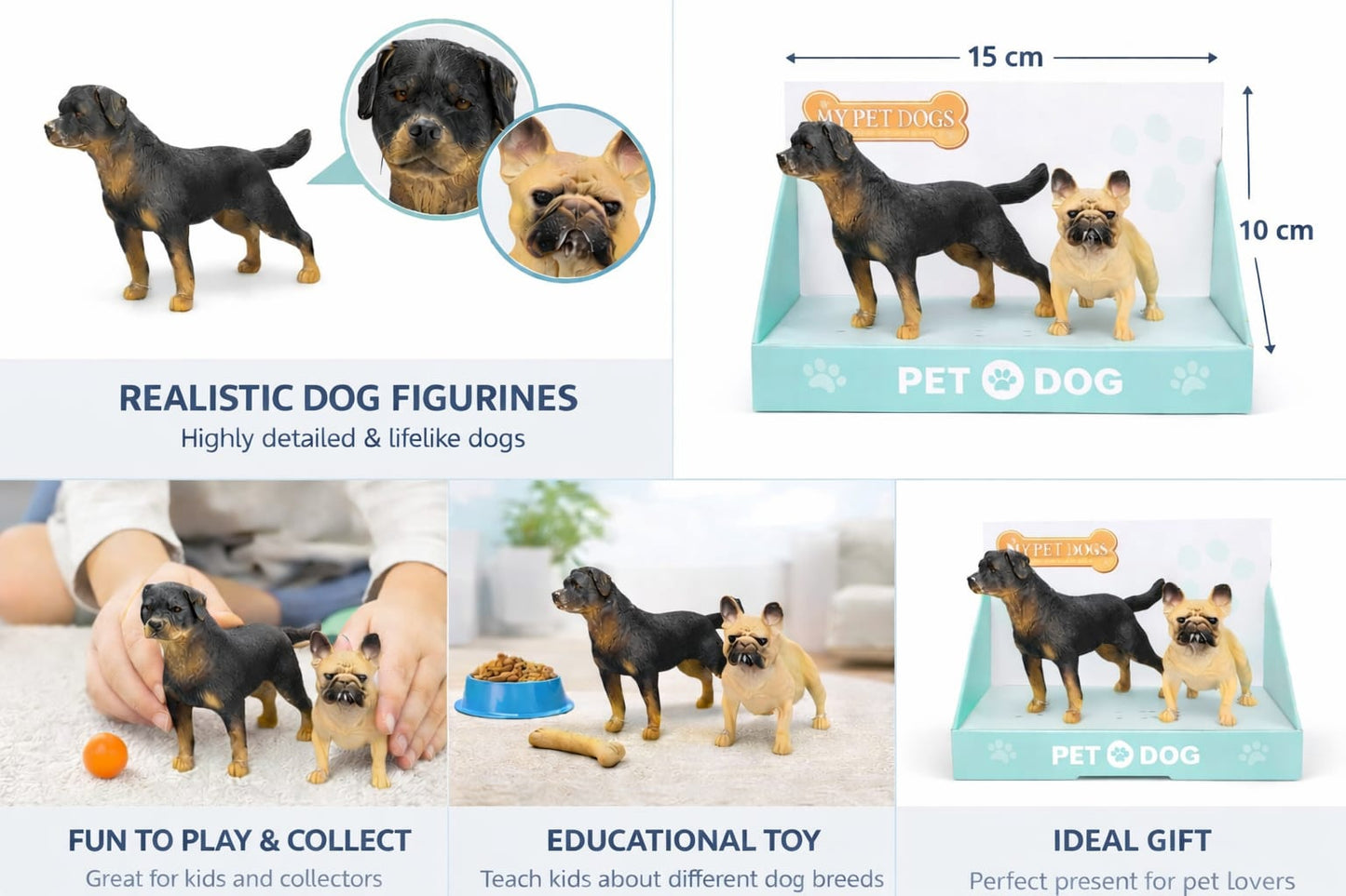 Dog Figure Rottweiler & French Bulldog Toy Set of 2 | Realistic Plastic Dog Statue for Kids Play, Desk Decoration & Gift