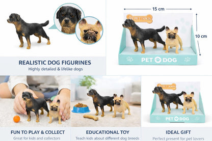Dog Figure Rottweiler & French Bulldog Toy Set of 2 | Realistic Plastic Dog Statue for Kids Play, Desk Decoration & Gift