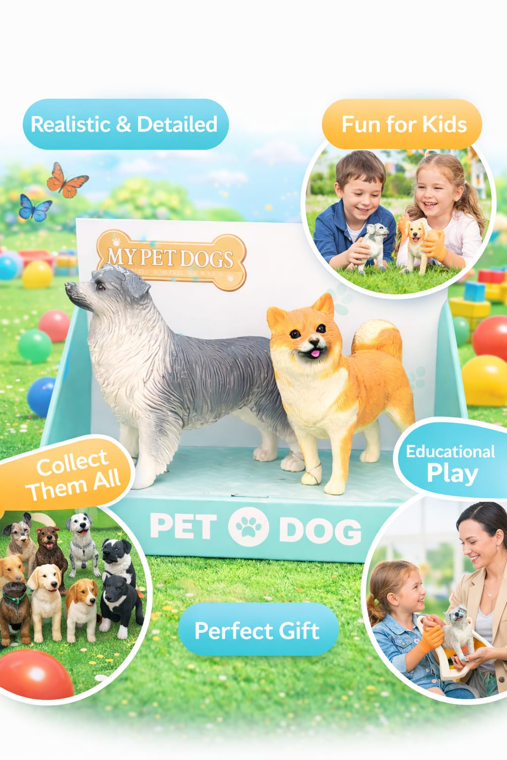 Realistic Pet Dog Toy Set – Decorative Dog Figurines for Kids | Plastic Animal Toy Set | Cute Dog Showpiece Gift for Kids (2 Dogs Pack)