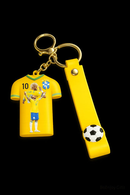 Brazil Football Jersey Keychain with Strap & Ball Charm | No.10 Soccer Jersey Keyring | Premium Fan Gift for Men, Boys, Car Keys, Bags & Accessories (NEYMAR JR)