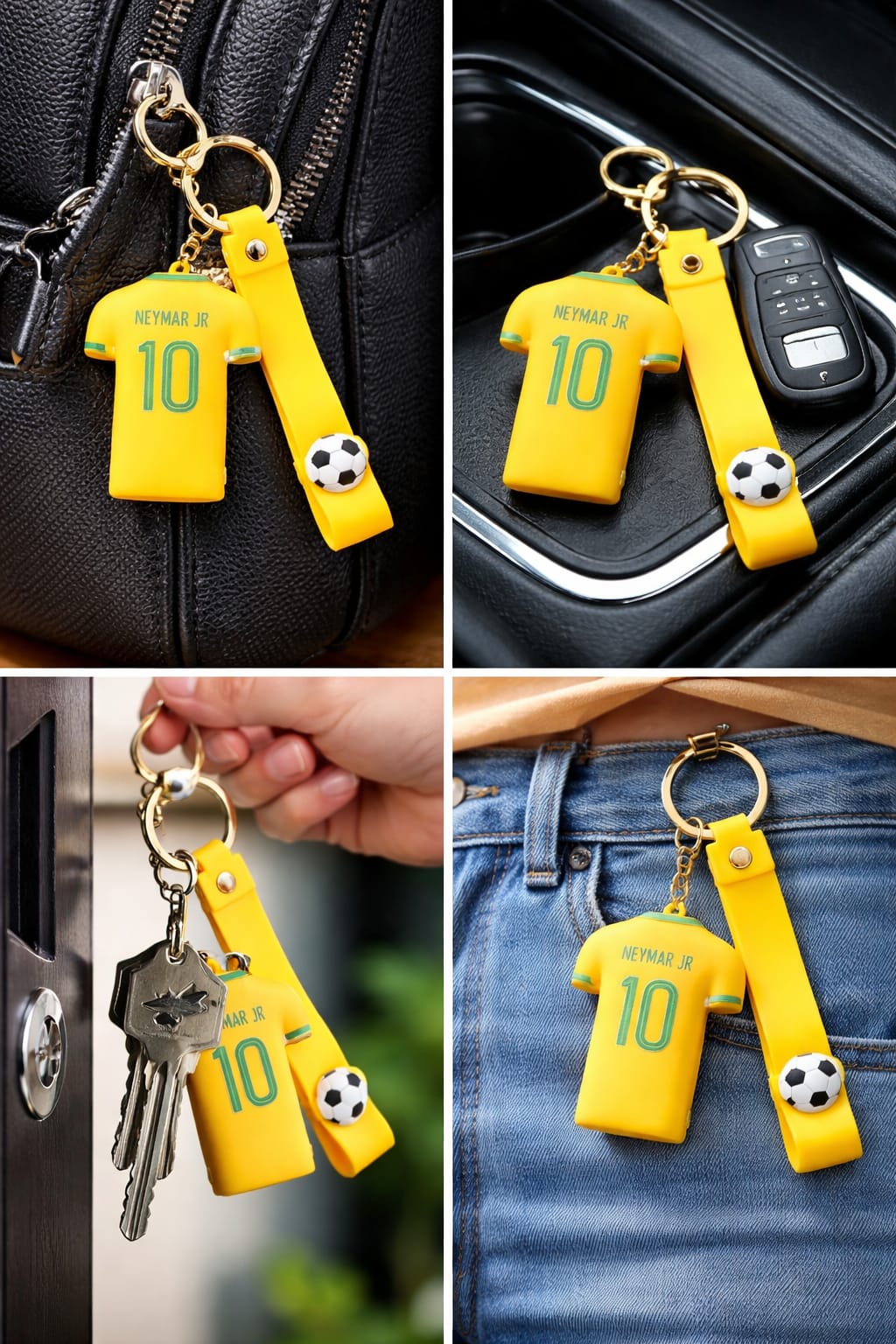 Brazil Football Jersey Keychain with Strap & Ball Charm | No.10 Soccer Jersey Keyring | Premium Fan Gift for Men, Boys, Car Keys, Bags & Accessories (NEYMAR JR)