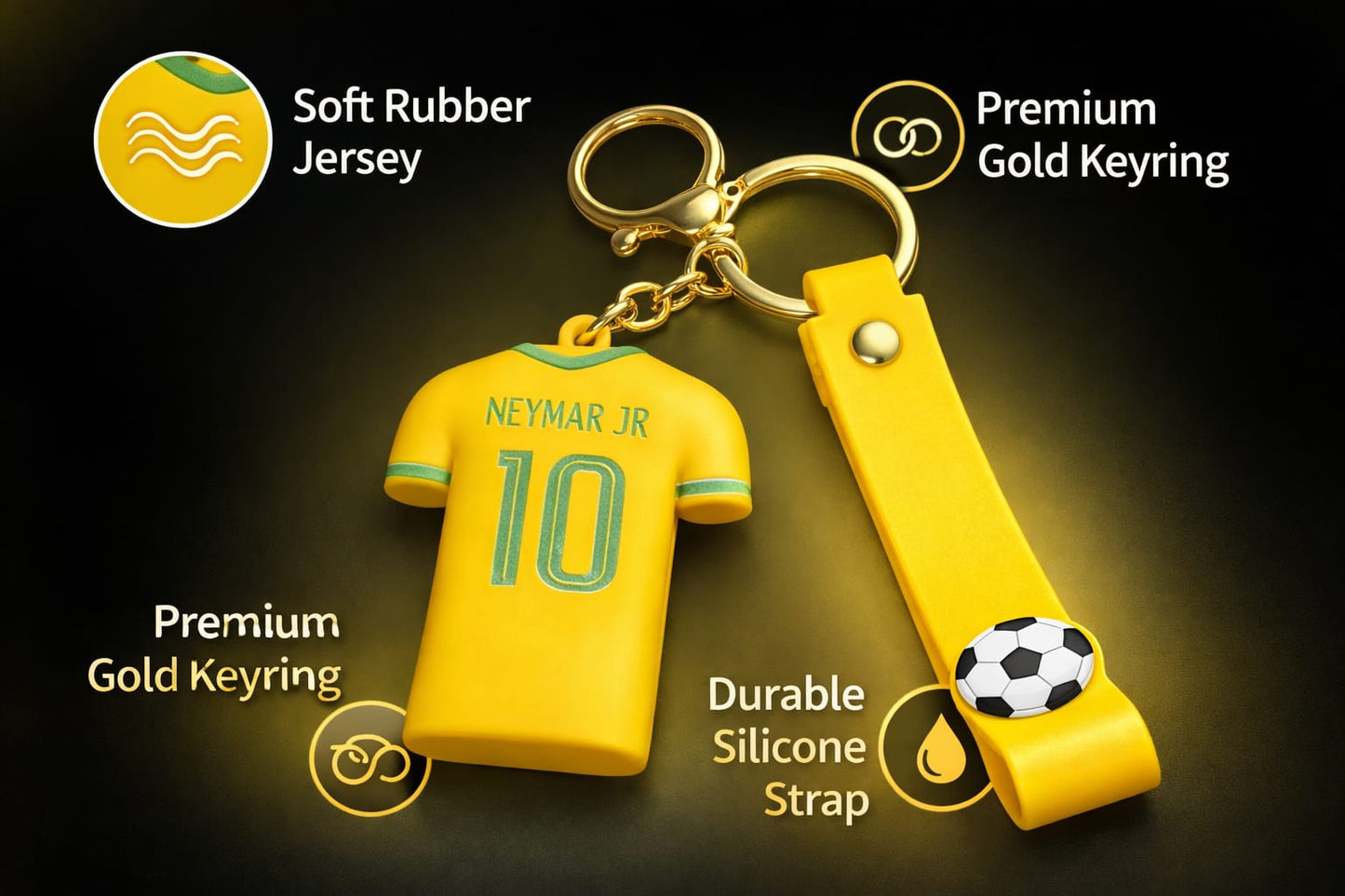 Brazil Football Jersey Keychain with Strap & Ball Charm | No.10 Soccer Jersey Keyring | Premium Fan Gift for Men, Boys, Car Keys, Bags & Accessories (NEYMAR JR)