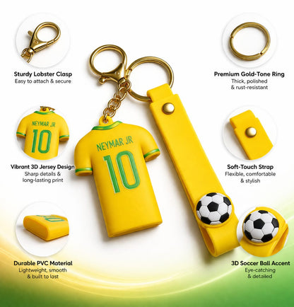 Brazil Football Jersey Keychain with Strap & Ball Charm | No.10 Soccer Jersey Keyring | Premium Fan Gift for Men, Boys, Car Keys, Bags & Accessories (NEYMAR JR)