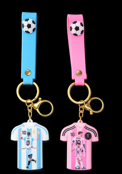 Messi Jersey Keychain for Boys & Girls | Football Silicone Strap Keyring with Metal Hook | Soccer Fan Key Chain for Car, Bike, Bag | Gift for Football Lovers (Blue & Pink, Pack of 2)
