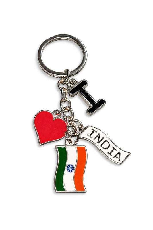 India Flag Keychain with Heart & I Love India Charm | Premium Metal Key Ring | Patriotic Gift for Men Women | Tricolor Keychain for Bike Car Bag | Independence Day Gift